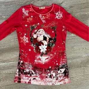 VTG Festive Santa Christmas Long Sleeve Shirt Hippie Boho Magical Red Size XS S